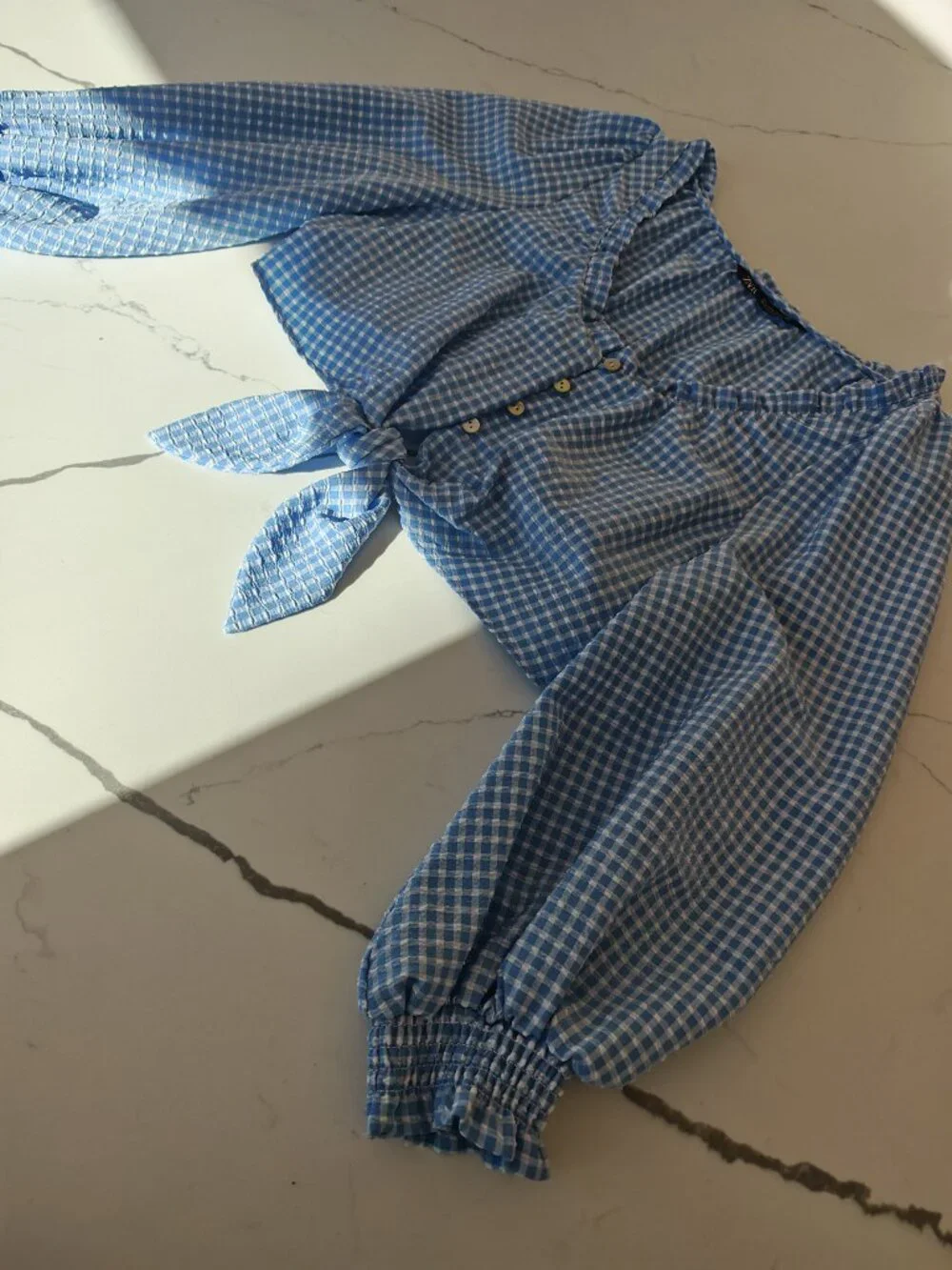 Zara Gingham Tie Front Top L | Blue Puff Sleeve Cottagecore Crop Blouse